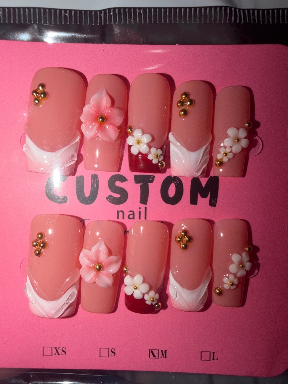 Pink Floral 3D Press-On Nails with Gold Accents